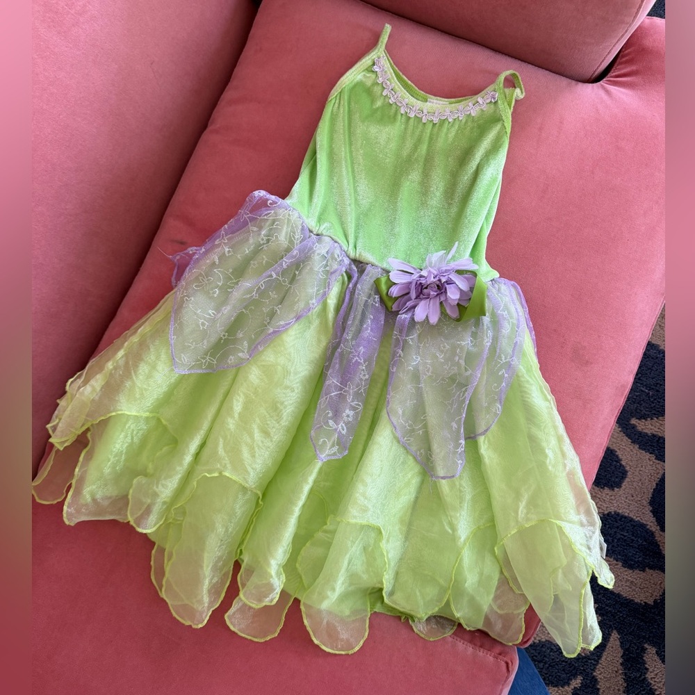 Kids Fairy dress flower fairy tinker bell Green and Purple velour 5-7y nwot